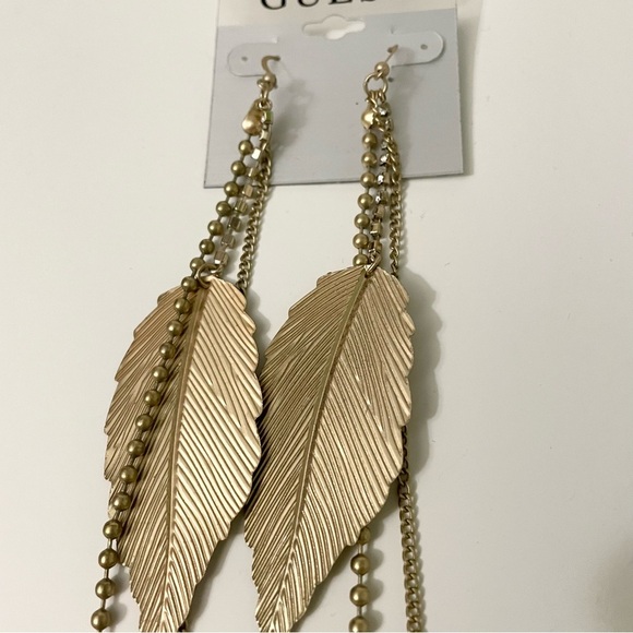 Guess Gold Tone Leaf and Chain Statement Dangle Earrings - Picture 3 of 12